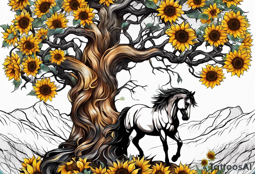 Yggdrasil tree, horse in front of it, and sunflowers tattoo idea
