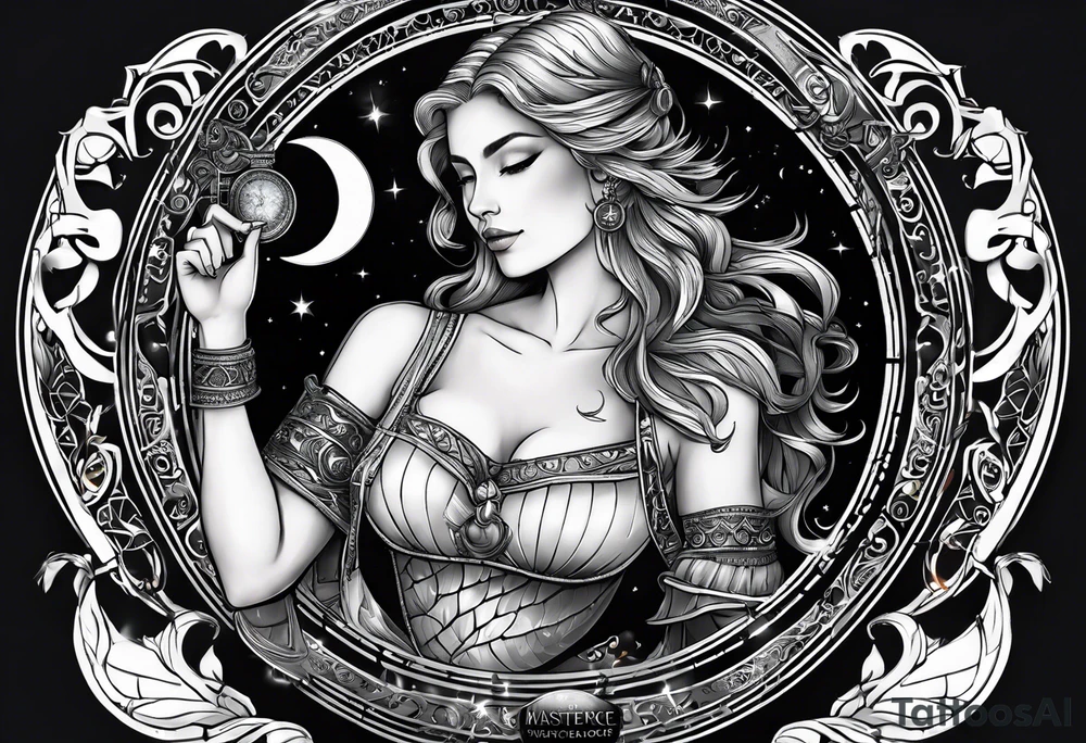 Libra woman holding scales with a night zodiac background including a half moon that encircles half of the woman tattoo idea