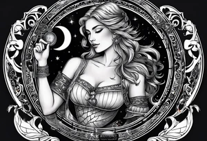 Libra woman holding scales with a night zodiac background including a half moon that encircles half of the woman tattoo idea