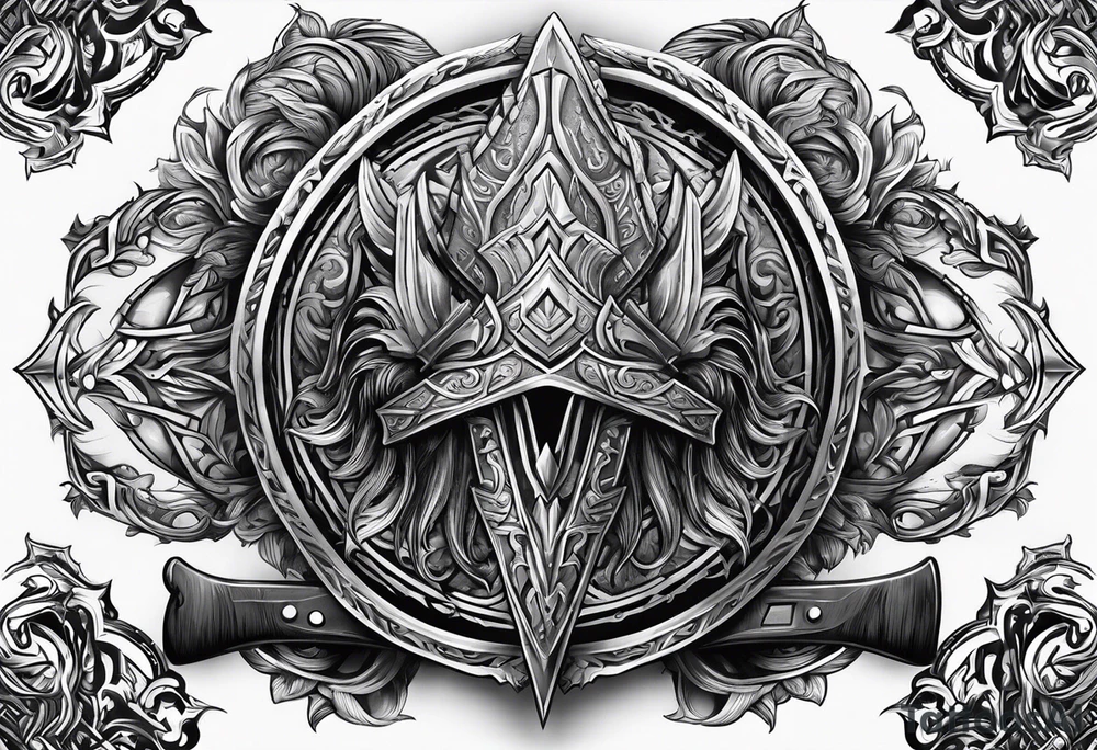 Valhalla sword shield axe mist tattoo idea