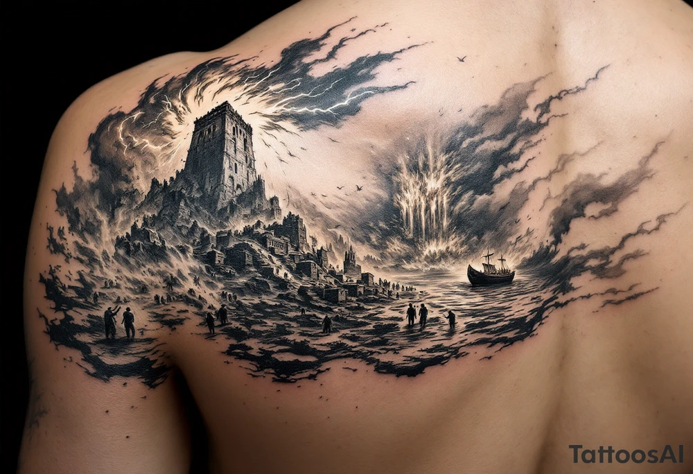 this will be a right arm sleeve.

A crumbling tower struck by lightning, with people scattering in chaos.
Fire raining down from heaven on a burning city, with smoke rising.
A blazing altar with fire falling from heaven
 Floodwaters overtaking the earth, with an ark in the distance. tattoo idea