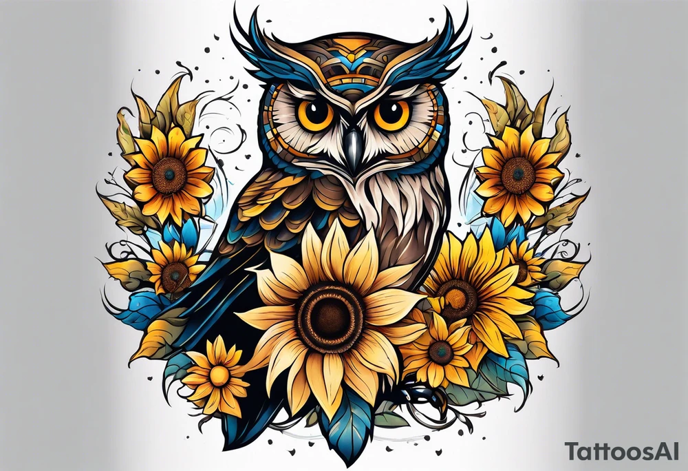 Sleeve with an owl, sunflower and butterfly tattoo idea