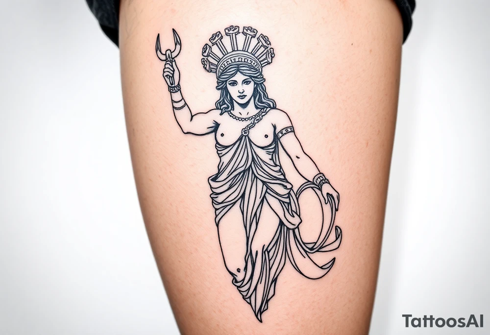outer thigh tattoo greek sculpture athena, fine line tattoo idea