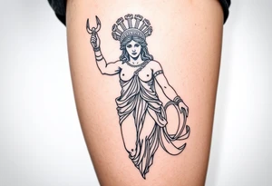 outer thigh tattoo greek sculpture athena, fine line tattoo idea
