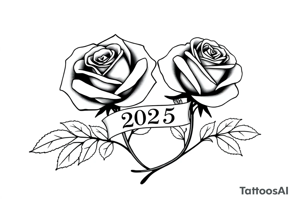 two beautiful large rose buds, one larger than the other, with many leaves next to the rose buds, with one sitting higher than the other. Include a banner connecting the two roses with the year "2025" on it.   Use dark outlines with little shading. The two stems should be short, not long, and connect and join into one stem, whimsically curved or twisted - not straight down. tattoo idea