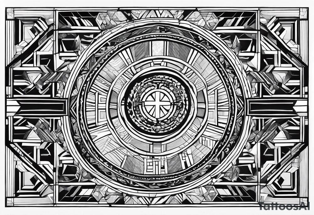 A visual representation of the creation story from the bible. Done in vertical geometric abstract. 16" tall 6" wide tattoo idea