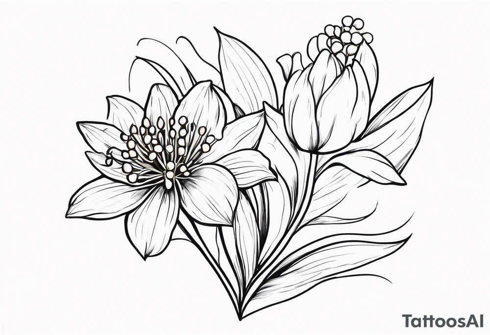 Lily of the valley. Marigold, chrysanthemum, and lily combined for thigh tattoo vertically tattoo idea