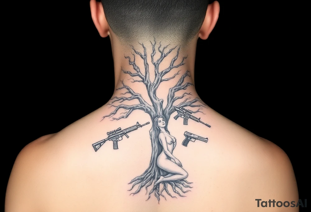 burning tree of life with firearms scattered and nude woman tattoo idea