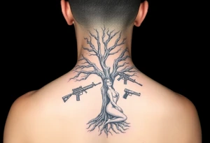 burning tree of life with firearms scattered and nude woman tattoo idea