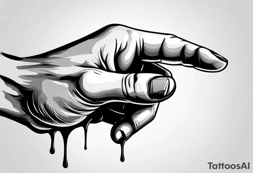 a human hand with face up with palm facing forward and the fingers pointing upward. The hand is plain with no tattooes or decoration. The hand has a hole in it like a gun shot wound and it is dripping blood. tattoo idea