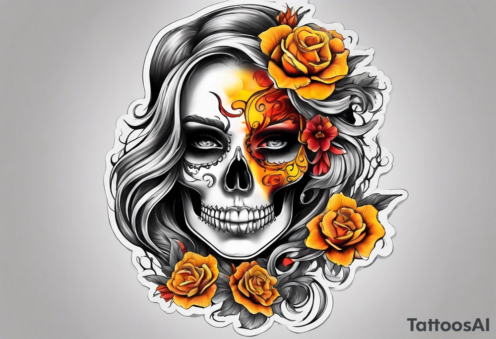Woman orange yellow red inhaling smoke skull showing through skin tattoo idea