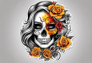 Woman orange yellow red inhaling smoke skull showing through skin tattoo idea