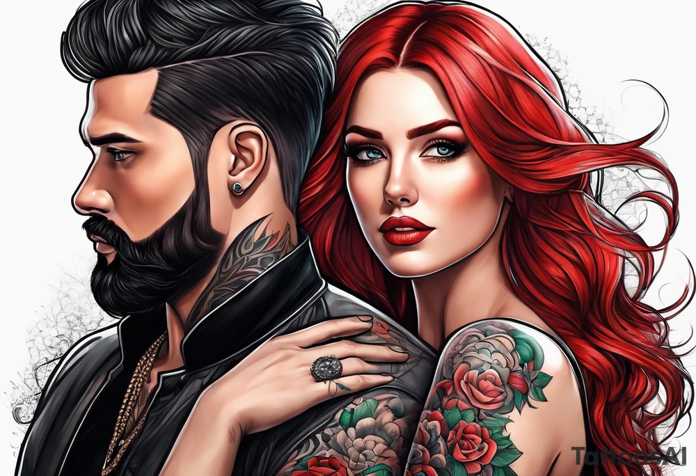 Busty red haired woman with a bearded man who has black hair tattoo idea