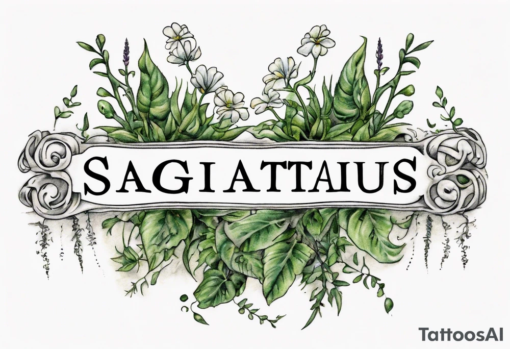 a forearm tattoo with little plants around the word sagittarius and underneath it the date 12.08.05 tattoo idea