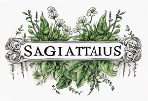 a forearm tattoo with little plants around the word sagittarius and underneath it the date 12.08.05 tattoo idea
