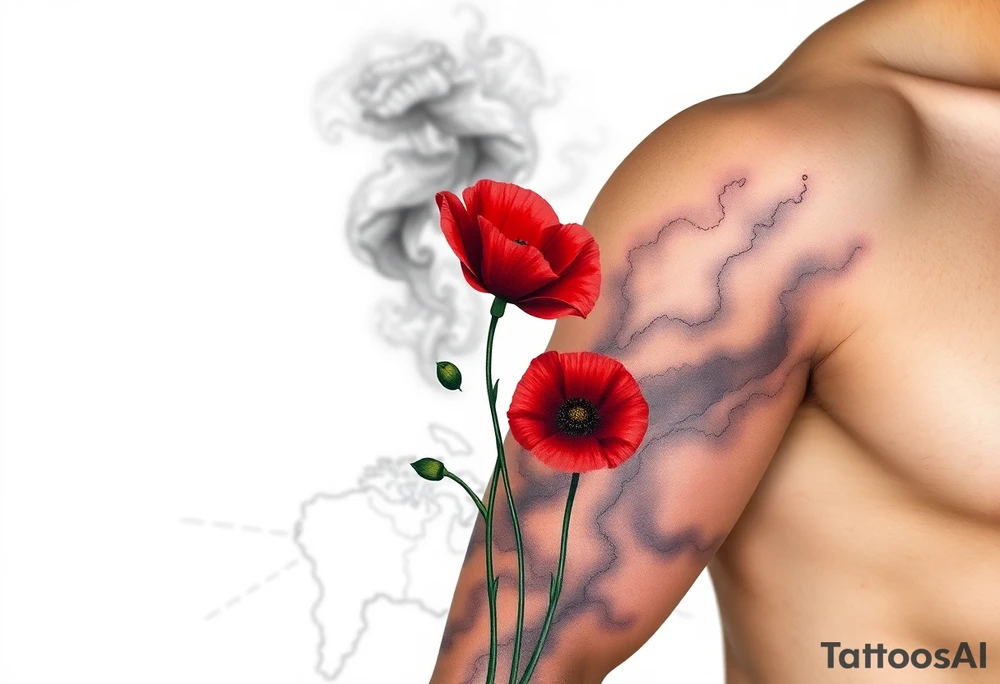 War zone with 2 poppy’s growing out of the smoke with 11B in the background and layer this over a map tattoo idea