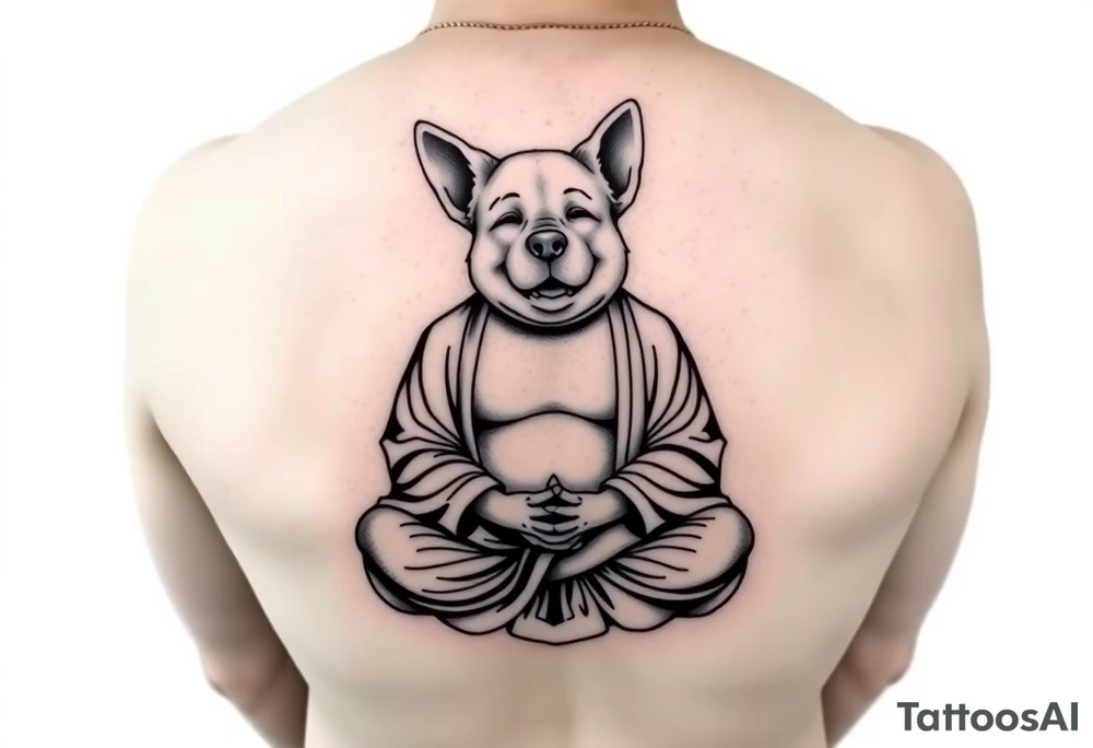 Meditating fat Buddha with happy dog head with floppy ears tattoo idea