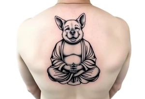 Meditating fat Buddha with happy dog head with floppy ears tattoo idea