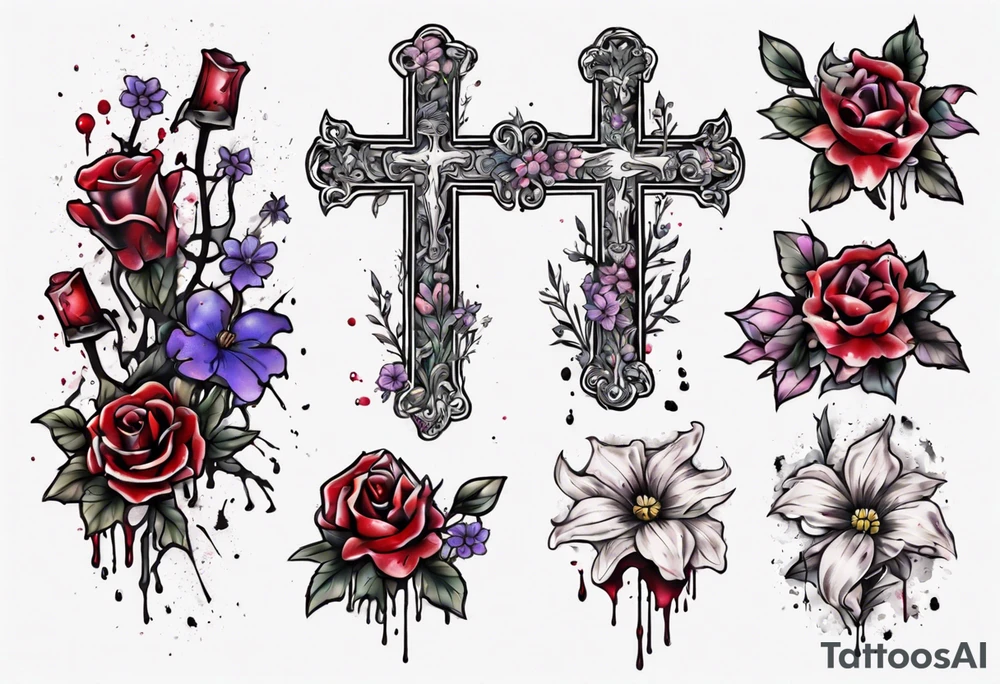 a bleeding cross covered in flowers tattoo idea