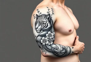this is a full arm sleeve. All black with a wolf, tiger, whale and fox with sakura branches tattoo idea