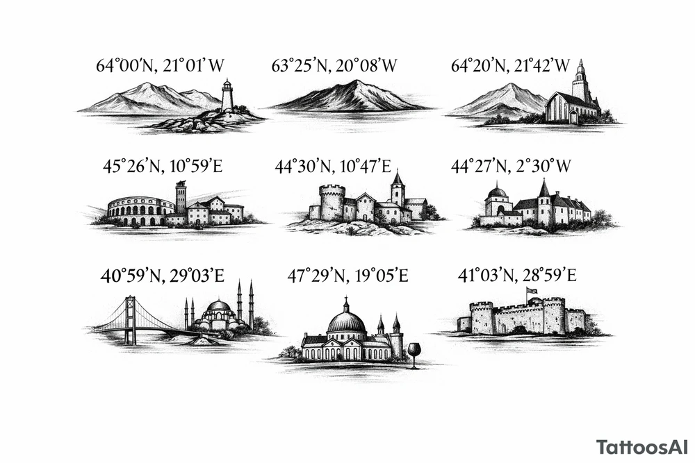 Iceland x3 (sindri, ibv, stjarnan)
Italy x2 (Verona, Sassuolo)
Spain (Logrono)
Turkey x2 (Fenerbahce, Besiktas)
Hungary (Fradi)
France (Bordeaux) Something small that contains these countries or clubs no logos maybe coordinates tattoo idea