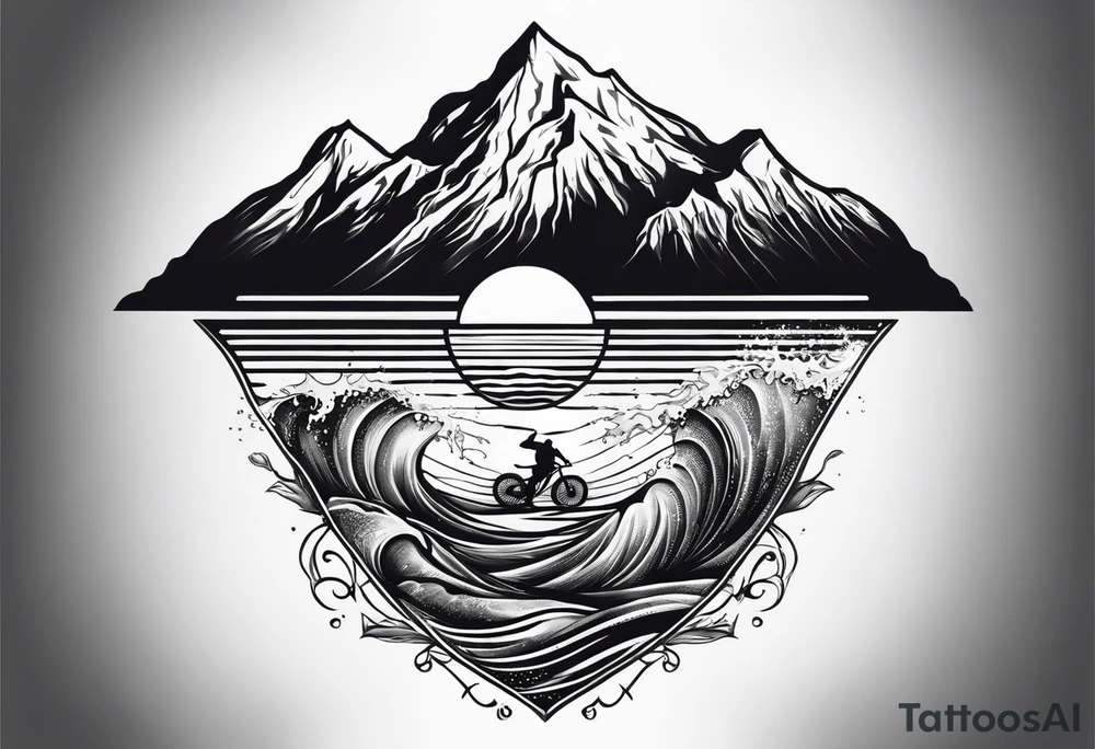 This is a tattoo that is split into 2 sections; a top half and a bottom half. The top half is a mountain in Norway with a mountain bike trail winding down the mountain. The bottom half of the tattoo depicts an underwater scene featuring water, and sea life. tattoo idea