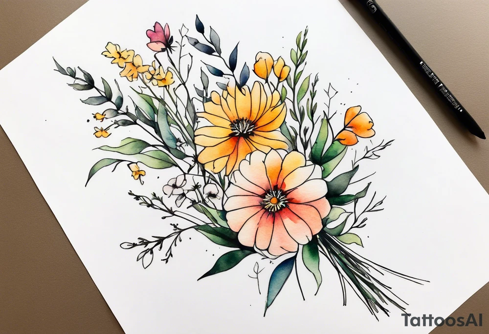 wild flowers long stems bouquet all watercolor tattoo idea