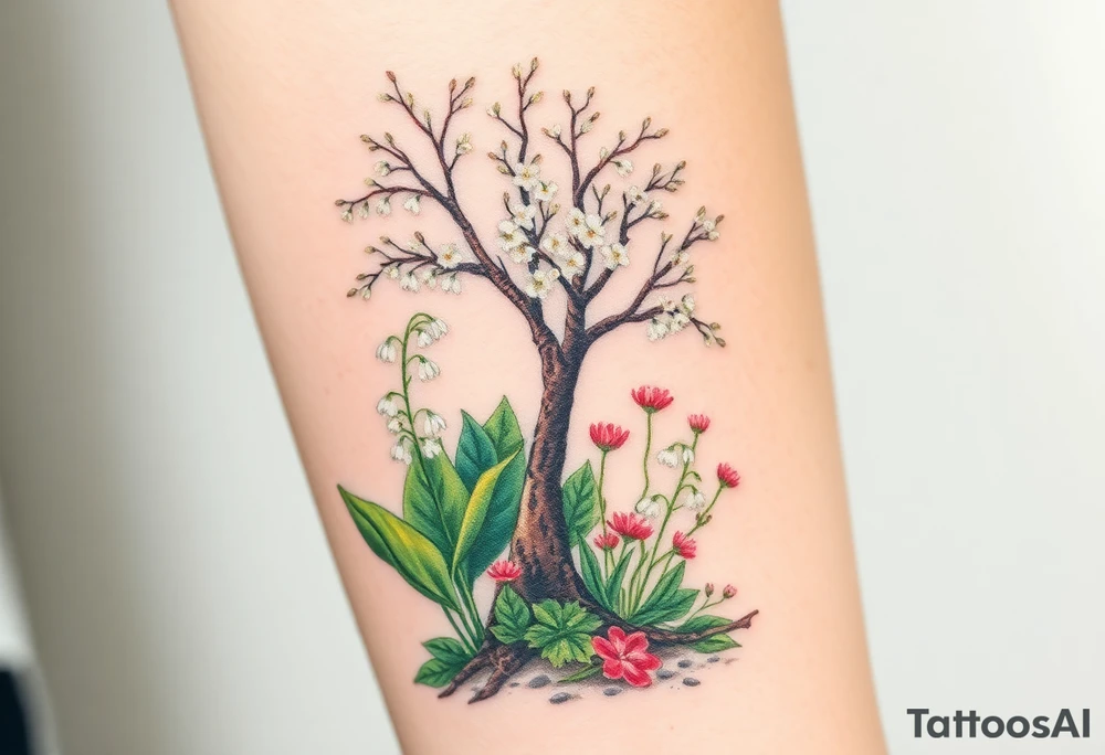 Lilly of the vally plants underneath a blooming hawthorn tree with other plants on ground tattoo idea