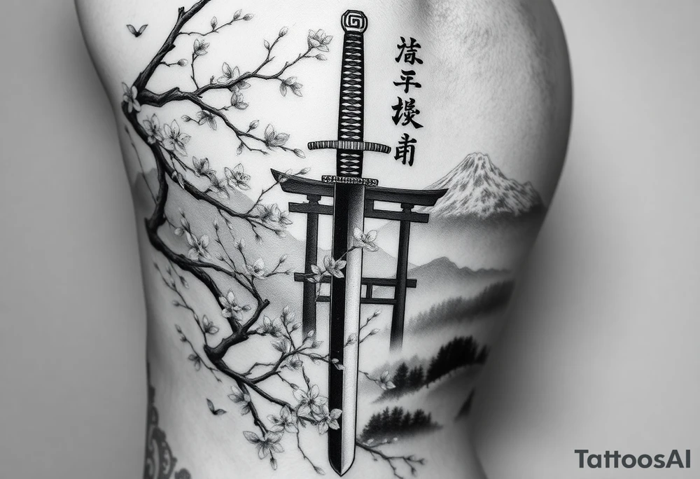 This is a black and gray realism tattoo rooted in discipline, duality, and intention. The centerpiece is a vertical katana, modeled after your original ink, clean and upright like a spine—symbolizing focus, precision, and grounded energy. It’s wrapped in the flowing limbs of a sakura tree, not as an accessory, but as an extension of the blade itself—representing beauty that blooms in adversity. Cherry blossoms aren’t scattered for aesthetics—they move with the wind, some drifting in the foreground, others clinging to the sword like it’s their protector. Behind it all sits a misty torii gate and layered mountains, giving the piece weight, history, and spiritual context. The kanji 平和の剣 (“Sword of Peace”) rides the piece vertically, not slapped on but earned—a message that resonates from the blade outward. The shading is deep and unifying, giving everything one breath, one tone, one story. Nothing floats, nothing competes. The sword doesn’t dominate the art—it becomes the axis around which peace, nature, and power orbit. tattoo idea