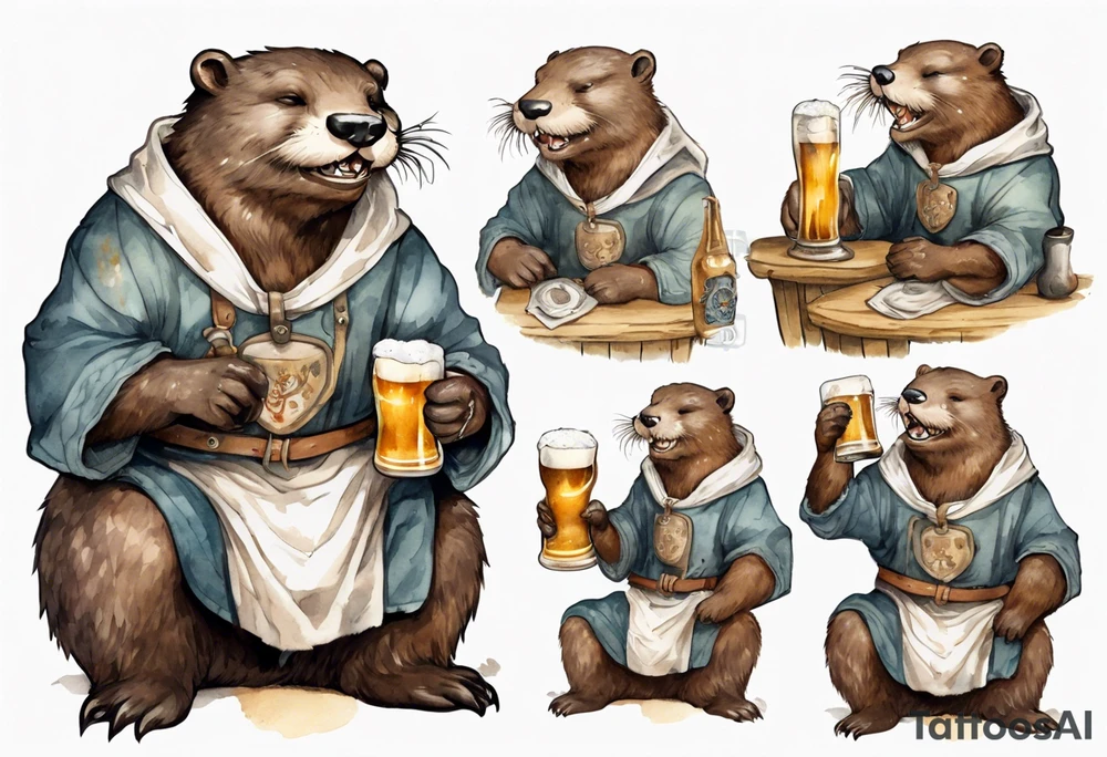 a medieval otter-bear hybrid wearing a tunic and drinking from a pewter mug of beer in a tavern, laughing tattoo idea