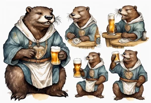 a medieval otter-bear hybrid wearing a tunic and drinking from a pewter mug of beer in a tavern, laughing tattoo idea
