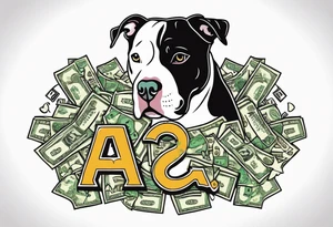 A pit bull with wads of cash in his mouth and the letters “A.O.” Over the dog tattoo idea