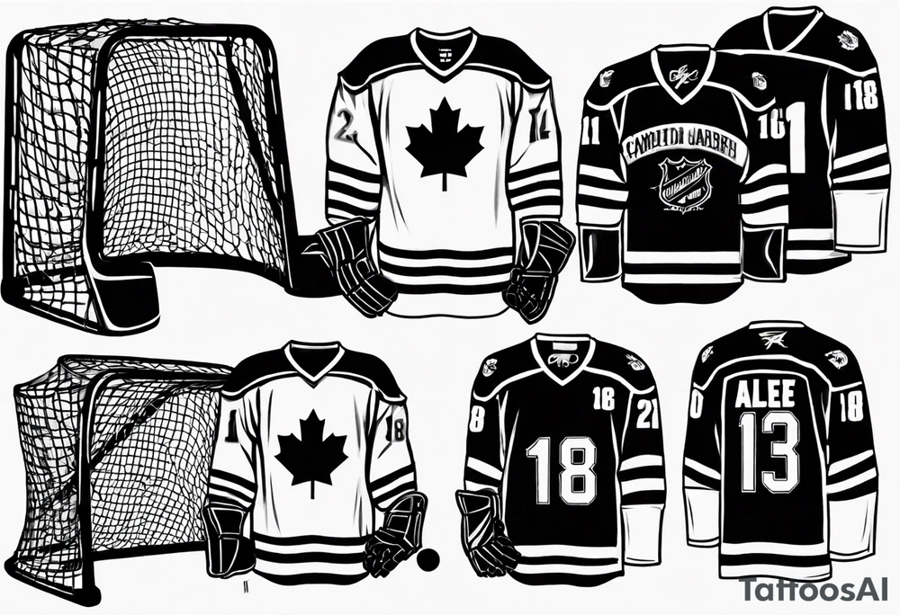 Hockey net incorporating my children’s names and numbers into jerseys hanging from the net. Alec 15, Aiden 18, Atlee 21 tattoo idea