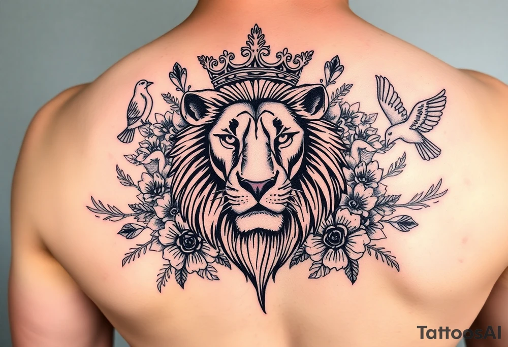 powerful majestic lion with a crown, surrounded by floral ornaments and birds tattoo idea