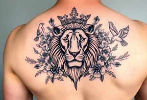 powerful majestic lion with a crown, surrounded by floral ornaments and birds tattoo idea