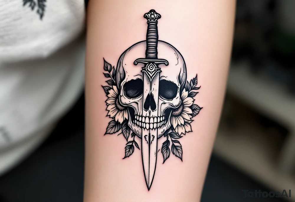 Skull, dagger piercing a heart with roses and sunflowers tattoo idea