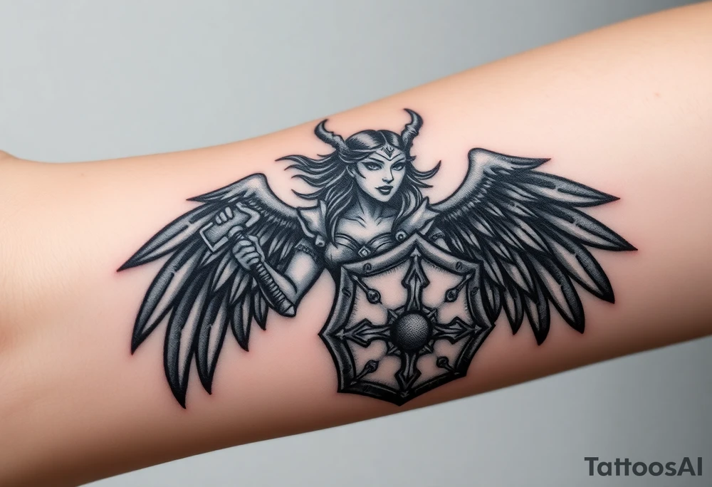 A fierce looking Valkyrie with very big dark wings. She's wielding a menacing axe and a sturdy shield with a vegvisir symbol.

Her face is really attractive but screaming with battle rage.

She's heavily armored and ready for battle tattoo idea