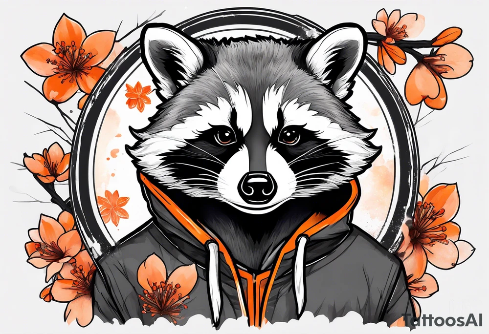 raccoon wearing a black and white Superman hoodie and orange Japanese cherry blossoms tattoo idea