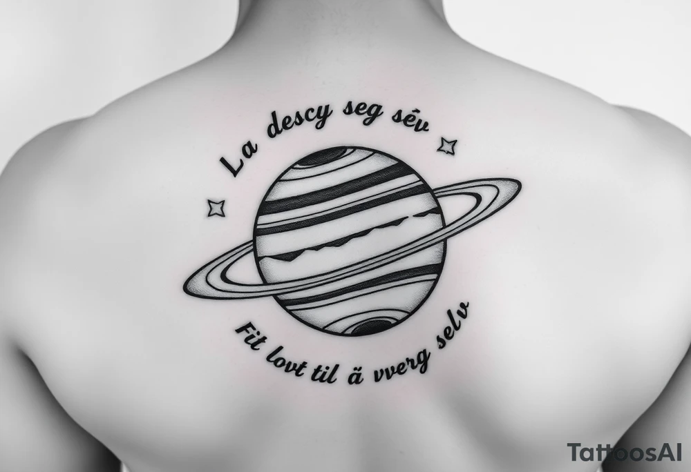 Minimalistic saturn planet, but the text «La deg selv få lovt til å være deg selv» goes around the planet tattoo idea