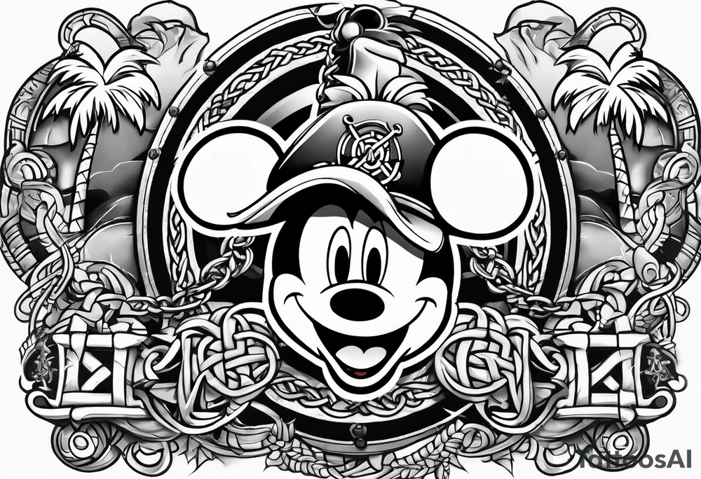 mickey mouse pirate with palm trees and celtic symbol for family tattoo idea