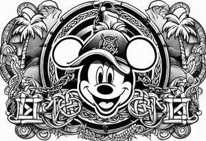 mickey mouse pirate with palm trees and celtic symbol for family tattoo idea