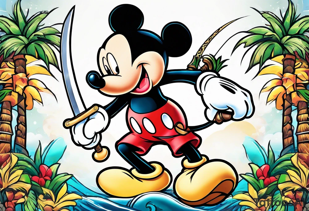 mickey mouse holding sword with palm trees tattoo idea