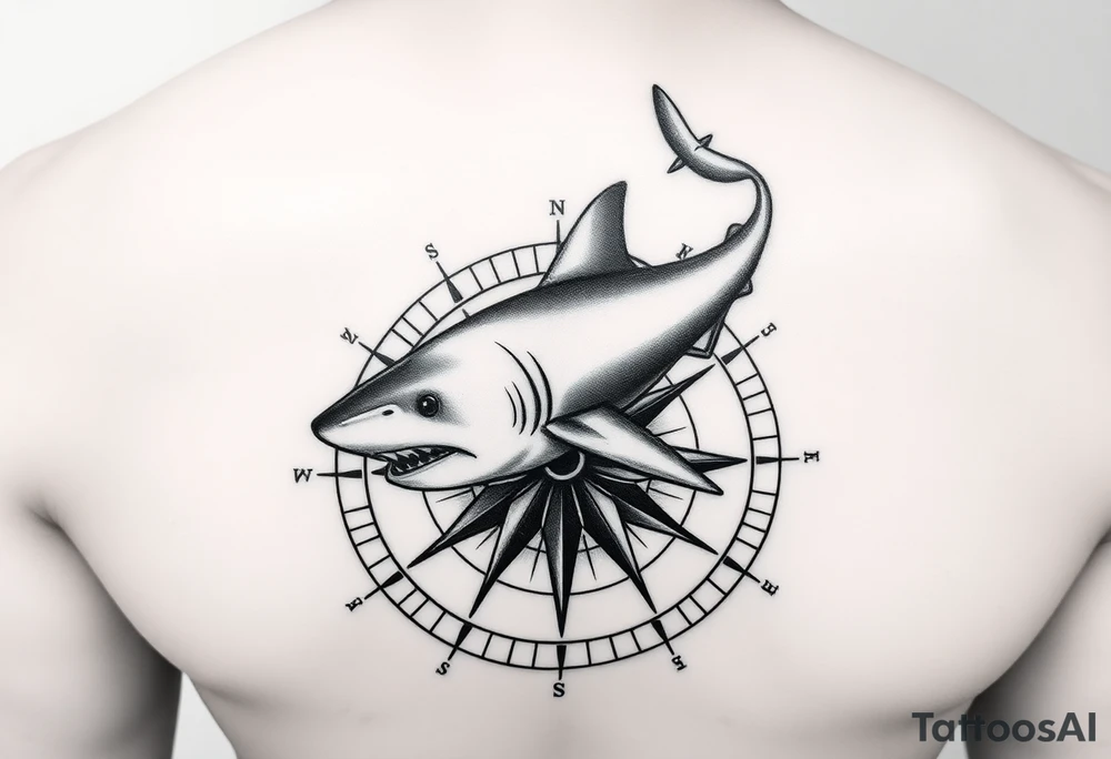 "A detailed black and grey tattoo design combining the top-down view of a shark with a compass. The shark should appear as if swimming across or emerging from the compass. The compass has intricate, sharp-edged needles and classic directional markings (N, S, E, W). The style is realistic with fine linework and light dot shading, suitable for forearm or upper arm placement. Bold yet elegant composition with oceanic and navigational symbolism." tattoo idea