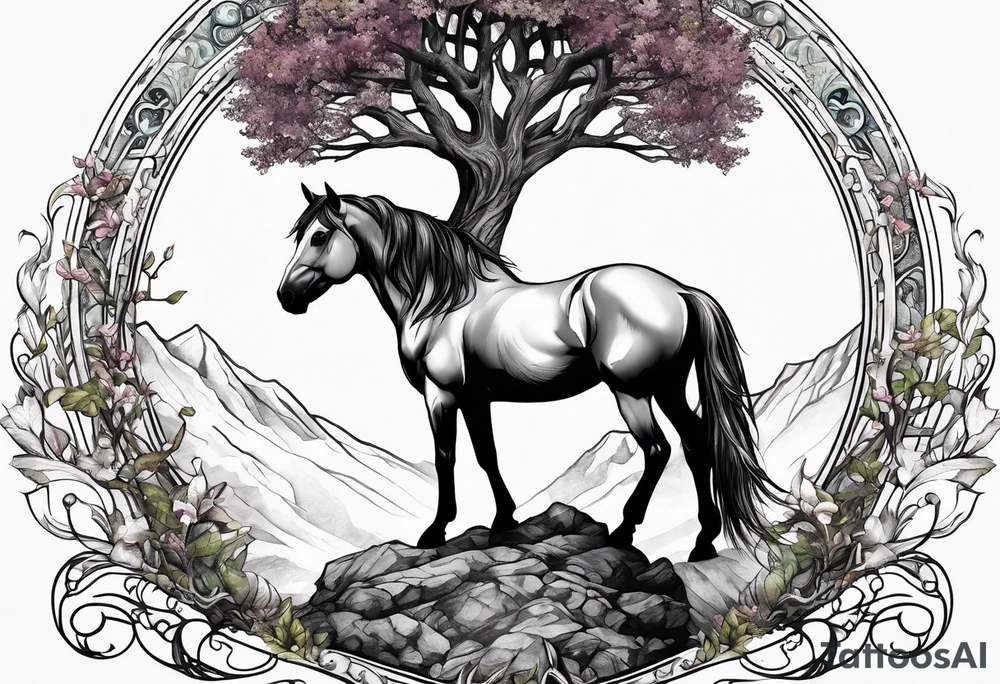 Realistic Horse and Yggdrasil tree tattoo idea
