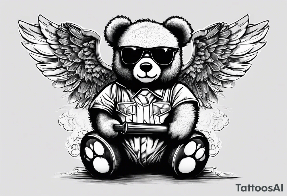 Teddy bear with angel wings wearing sunglasses holding a hammer tattoo idea