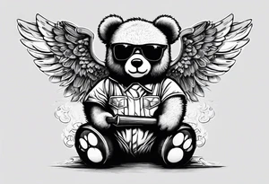 Teddy bear with angel wings wearing sunglasses holding a hammer tattoo idea