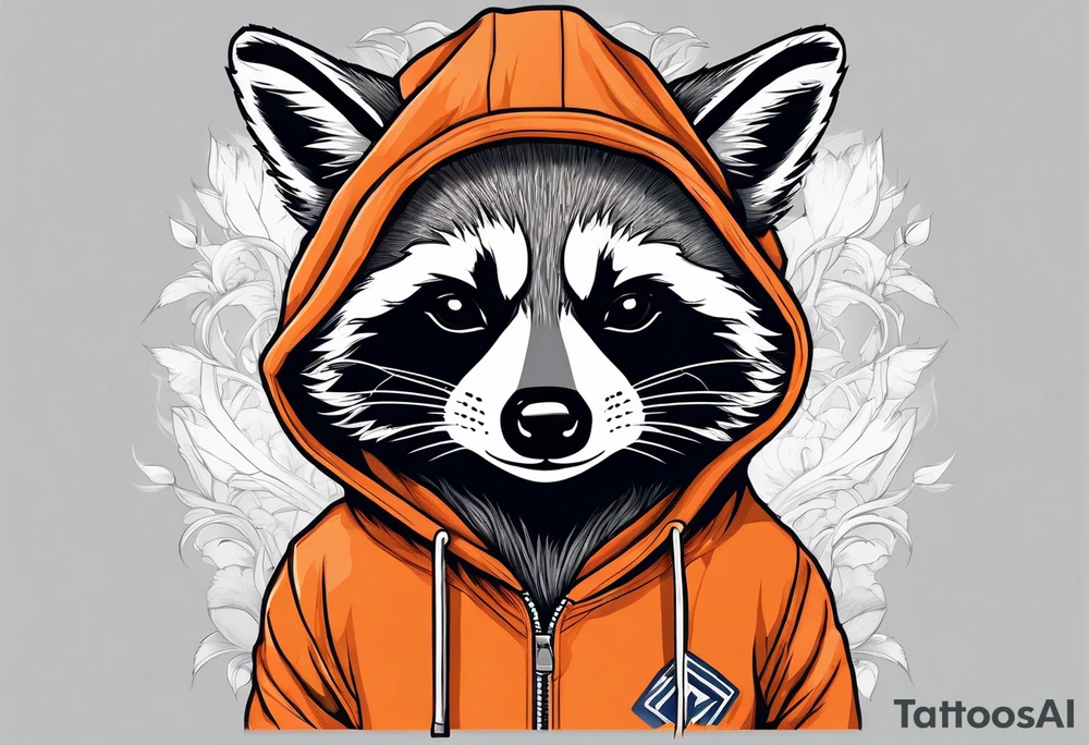 Raccoon wearing an orange Superman hoodie tattoo idea