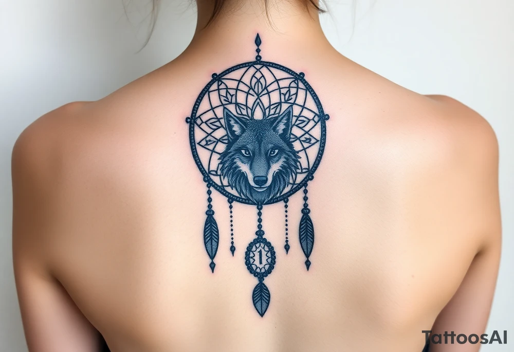Dreamcatcher with zodiac symbols and protection runes caught in it with wolf teal tattoo idea