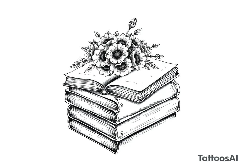 stack of 3 vintage books top book open with bouquet of flowers coming out of it tattoo idea