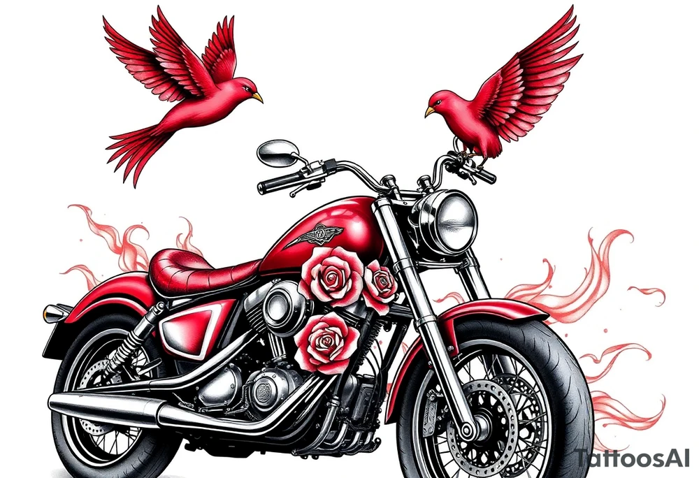 Motorcycle, two red birds flying, roses and lace, flames tattoo idea